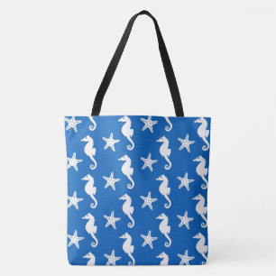 Tote Bag Cheval de mer et poisson d'eau - blanc sur bleu co