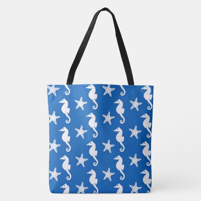 Tote Bag Cheval de mer et poisson d'eau - blanc sur bleu co (Devant)