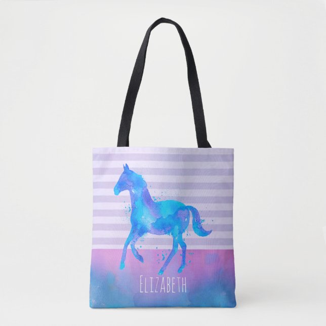 Tote Bag Cheval en Aquarelle bleu et violet Personnalisé (Devant)