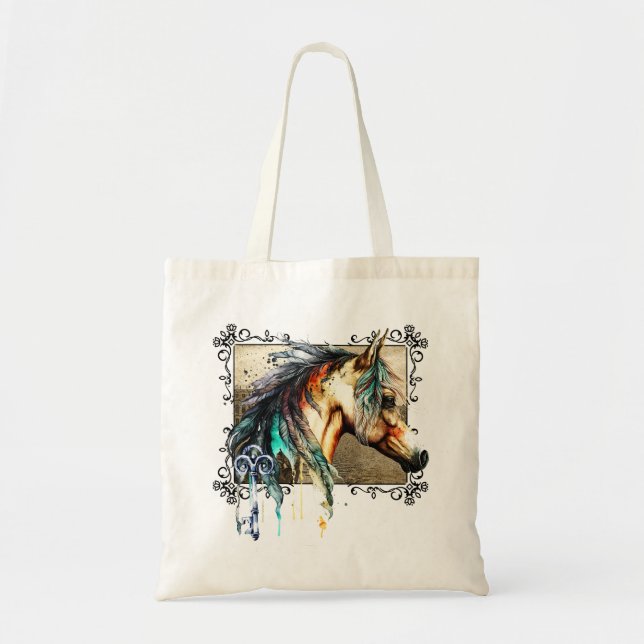 Tote Bag Cheval et clé à l'aquarelle (Devant)