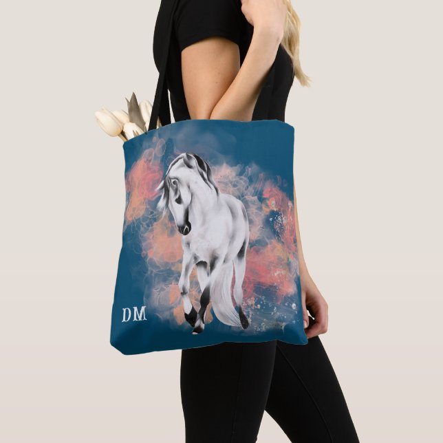 Tote Bag Cheval gris Imaginaire Nuages roses Monogramme (De près)