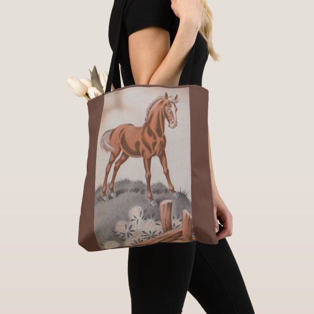 Tote Bag cheval heureux en brun (De près)