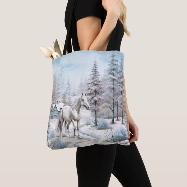 Tote Bag Cheval hiver scène neige forêt Noël (De près)