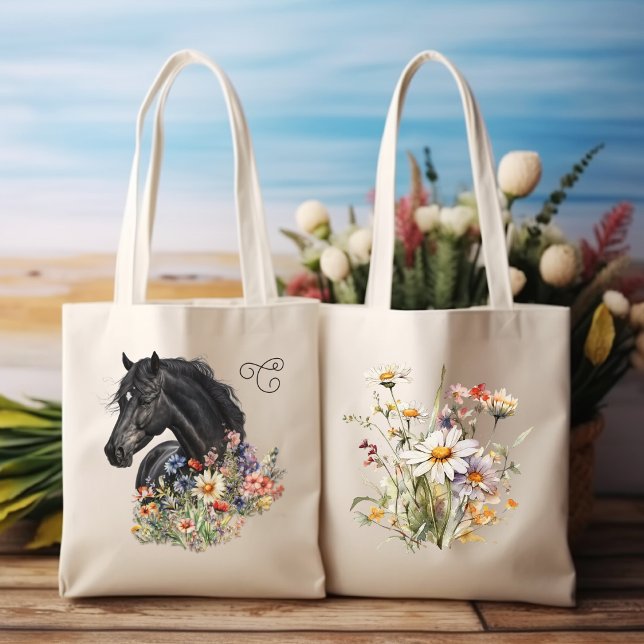 Tote Bag Cheval noir en Fleur sauvage Monogrammé (Créateur téléchargé)