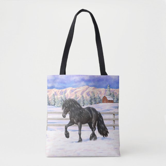 Tote Bag Cheval Noir Friésien En Neige (Devant)
