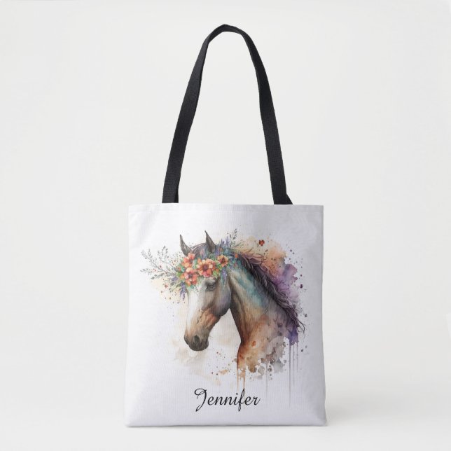 Tote Bag Cheval visage avec couronne de fleurs (Devant)