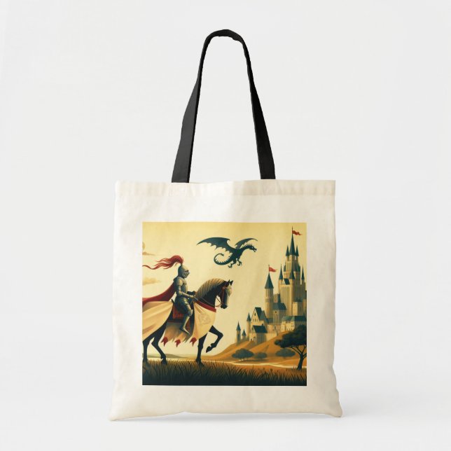 Tote Bag Chevalier médiéval/dragon/château fantastique (Devant)