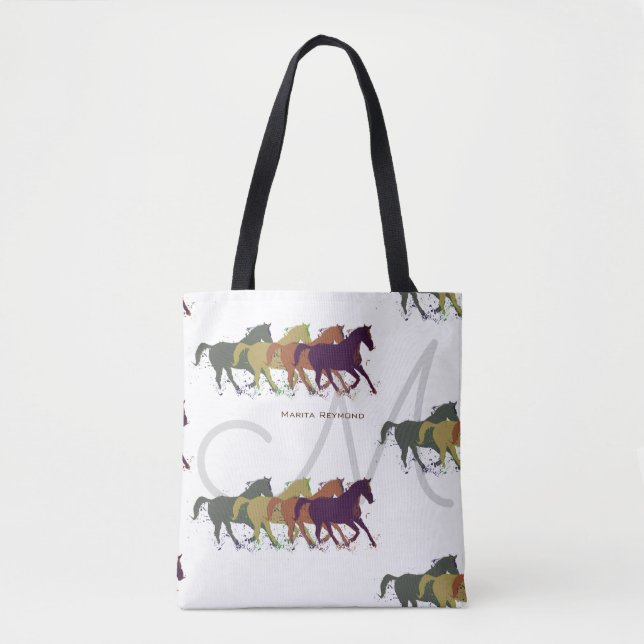 Tote Bag chevaux avec nom et initiale en blanc (Devant)