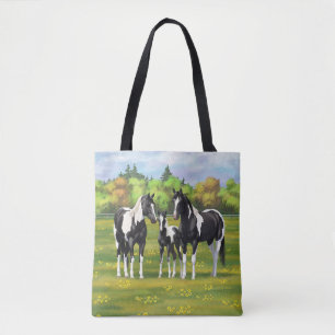 Tote Bag Chevaux De Peinture De Pinto Noir En Pâturage Été