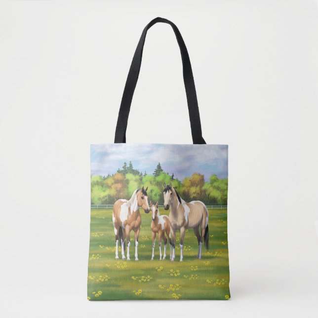 Tote Bag Chevaux Poulet Poulet Poulet À Peinture En Pâturag (Devant)