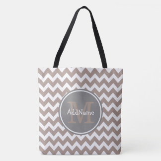 Tote Bag Chevron beige, Monogramme gris Nom personnalisé