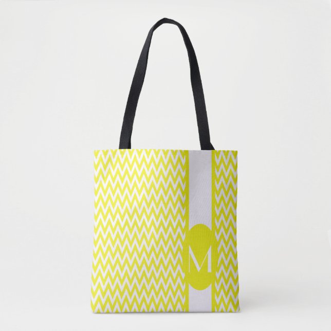 Tote Bag Chevron élégant et jaune citron avec monogramme (Devant)