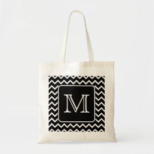 Tote Bag Chevron noir et blanc avec le monogramme fait sur
