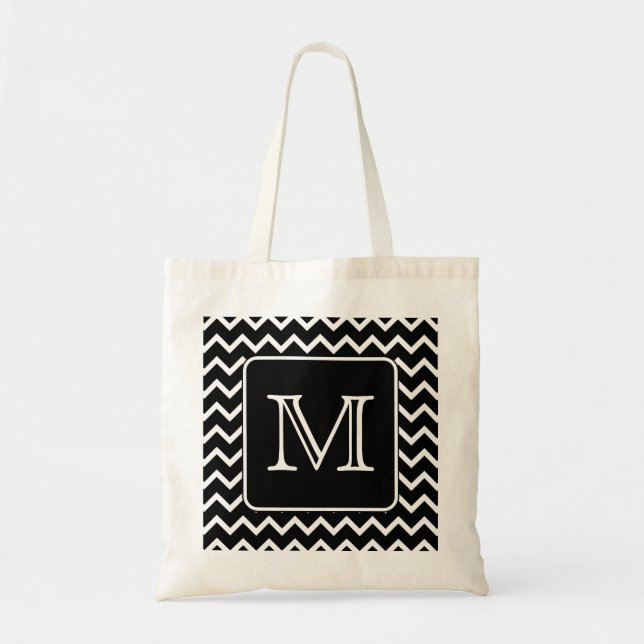 Tote Bag Chevron noir et blanc avec le monogramme fait sur (Devant)