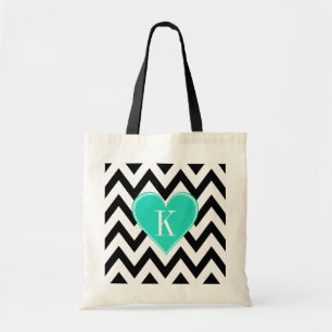 Tote Bag Chevron noir et blanc avec le monogramme turquoise