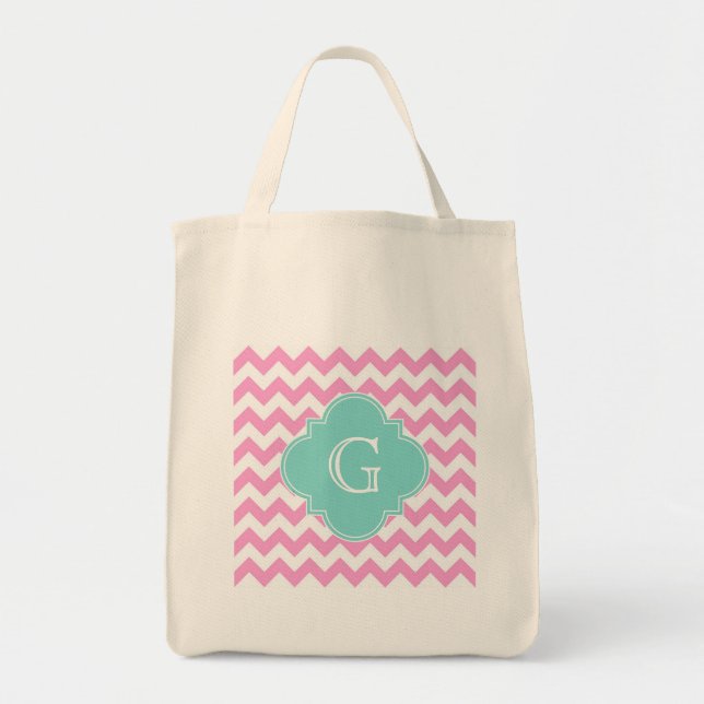 Tote Bag Chevron rose blanc Zigzag Aqua Quatrefoil Monogram (Devant)