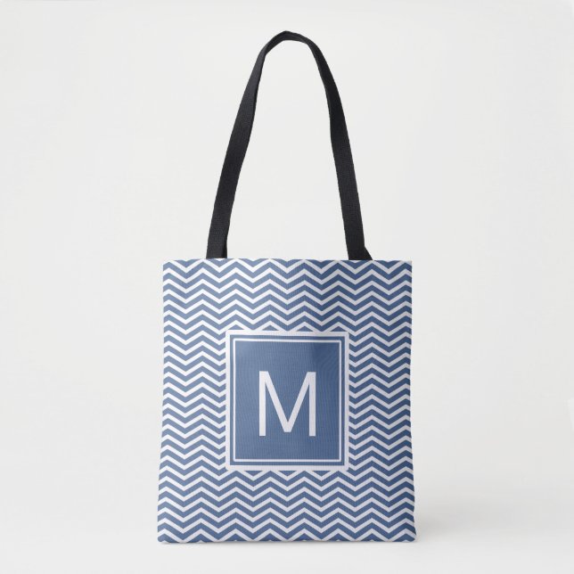 Tote Bag Chevrons Bleus Modernes de Riverside et Monogramme (Devant)