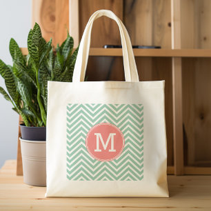 Tote Bag Chevrons de menthe et de corail avec Monogramme pe