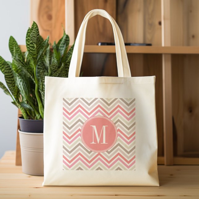 Tote Bag Chevrons Sorbet avec trois monogrammes (Personalized tote bag with chevrons and monogram)