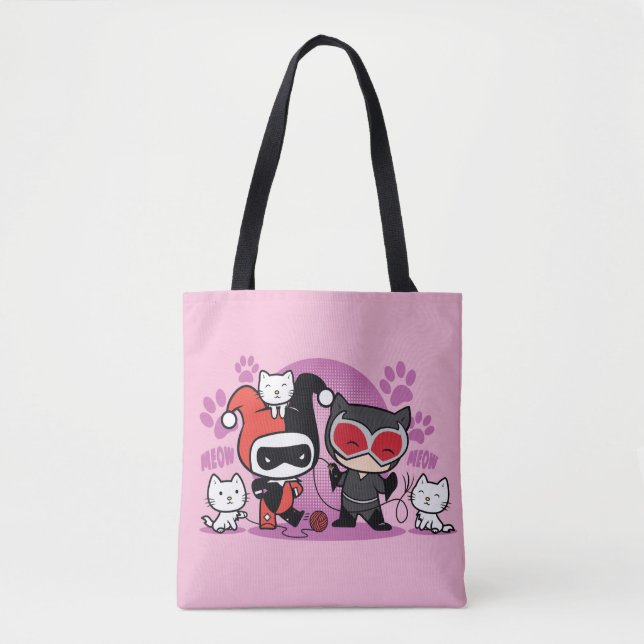 Tote Bag Chibi Harley Quinn & Chibi Catwoman Avec Chats (Devant)