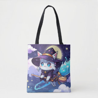 Tote Bag Chibi Sorcière Chat Volant dans le Ciel Étoilé – K
