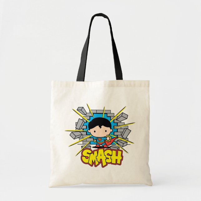 Tote Bag Chibi Superman Frappant À Travers Un Mur De Brique (Devant)