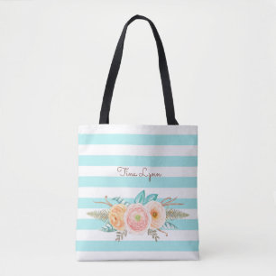 Tote Bag Chic Aqua Stripes Feminine Floral et nom