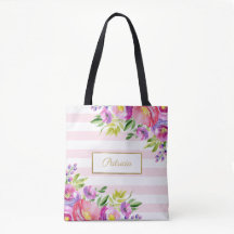 Chic aquarelle florale rayures roses et blanches