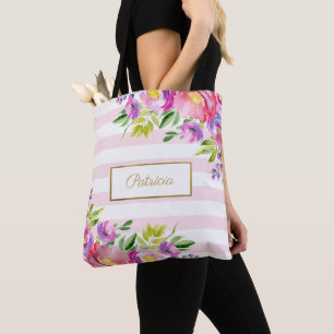 Tote Bag Chic aquarelle florale rayures roses et blanches