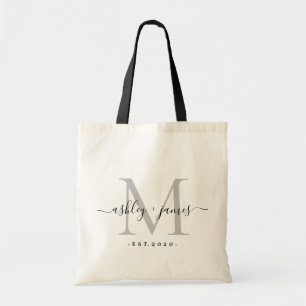 Tote Bag Chic Argent Monogramme Noms de script Mariage Date