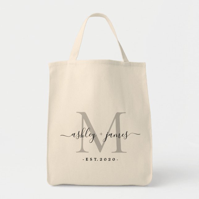 Tote Bag Chic Argent Monogramme Noms de script Mariage Date (Devant)
