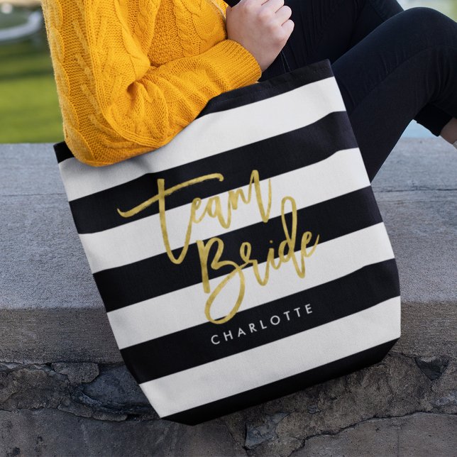 Tote Bag Chic Black and White Stripes Faux Gold Team Bride (Créateur téléchargé)