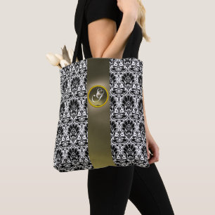 TOTE BAG CHIC BLACK BLACK DAMASK GRAY GEM MONOGRAM