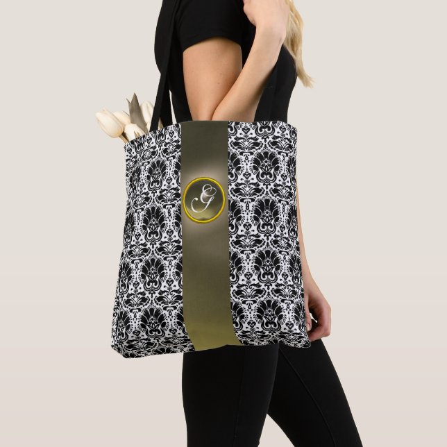TOTE BAG CHIC BLACK BLACK DAMASK GRAY GEM MONOGRAM (De près)