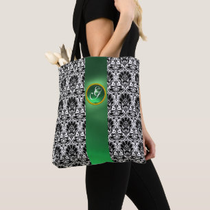 TOTE BAG CHIC BLACK WHITE DAMASK JADE GREEN GEM MONOGRAM