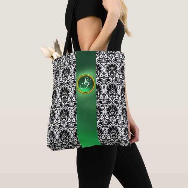 TOTE BAG CHIC BLACK WHITE DAMASK JADE GREEN GEM MONOGRAM (De près)