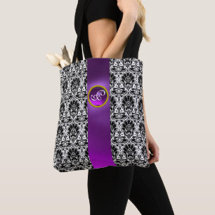 TOTE BAG CHIC BLACK WHITE DAMASK, MONOGRAMME DE PIERRE À JE