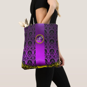 TOTE BAG CHIC BLACK WHITE DAMASK, MONOGRAMME DE PIERRE À JE