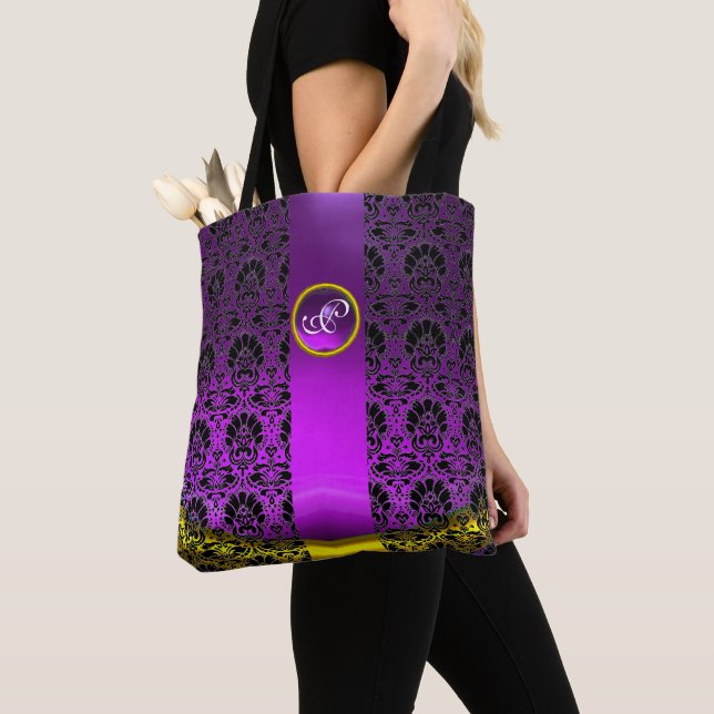 TOTE BAG CHIC BLACK WHITE DAMASK, MONOGRAMME DE PIERRE À JE (De près)