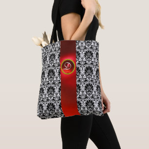TOTE BAG CHIC BLACK WHITE DAMASK RED RUBY GEMSTONE MONOGRAM