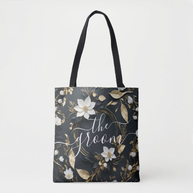 Tote Bag Chic Black White Gold Floral Wreath Mariage Groom (Devant)