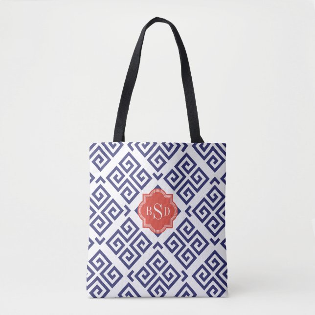 Tote Bag Chic bleu grec clé motif géométrique monogramme (Devant)