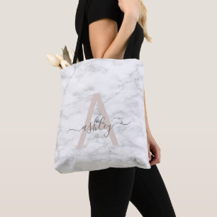 Tote Bag Chic Blush Marbre blanc rose Nom du script Monogra