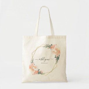 Tote Bag Chic Blush Peach Floral Gold Geometry Bridesmaid