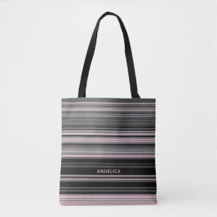 Tote Bag Chic Blush rose et noir rayures avec nom