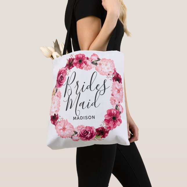Tote Bag Chic Bourgogne & Blush Floral Wreath Bridesmaid (De près)