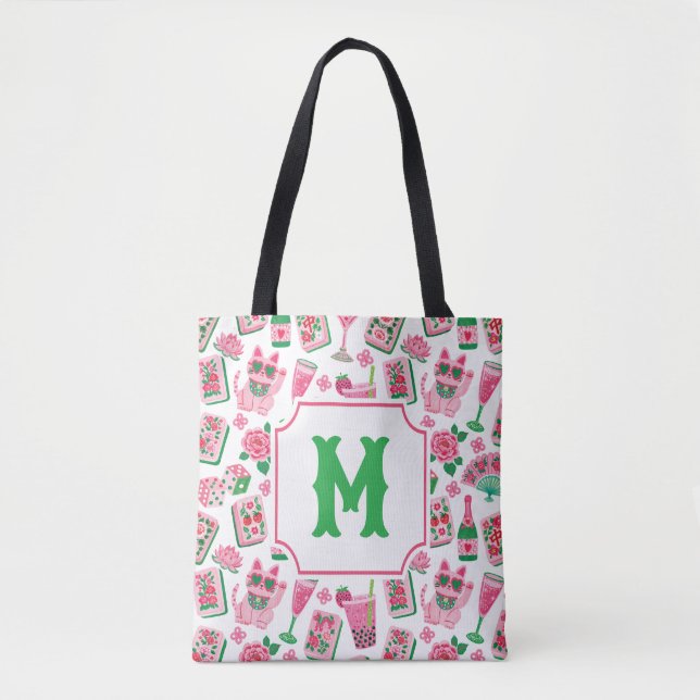 Tote Bag Chic Capriceux Rose & Vert Monogramme Fête Mahjong (Devant)
