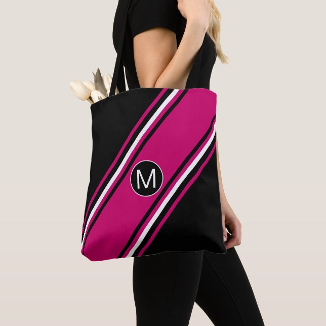 Tote Bag Chic cranberry rose noir et blanc monogramme (De près)