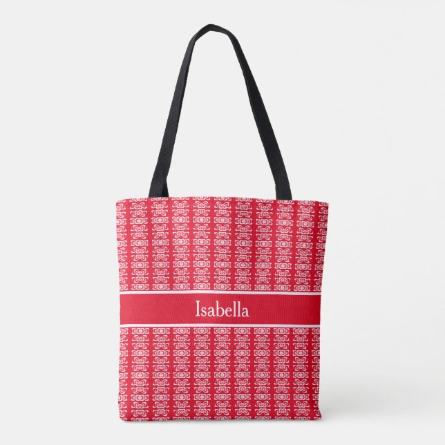 Tote Bag Chic, design, blanc rayé motif vertical sur rouge (Dos)