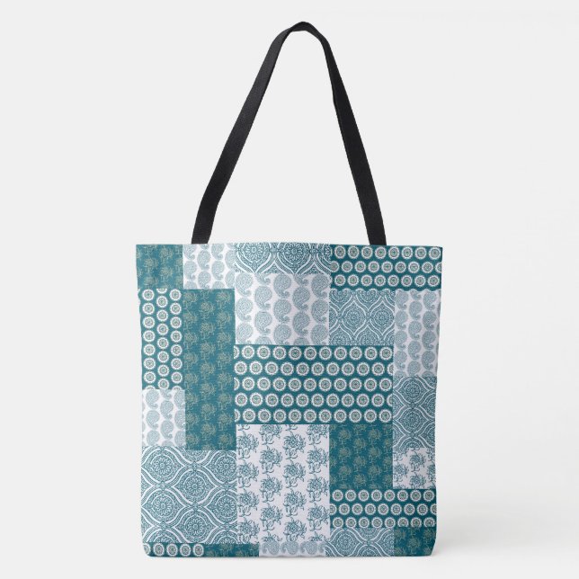 Tote Bag Chic ethnique Faux Patchwork Motif, Turquoise et b (Devant)